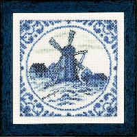 Moulin  Vent en Bleu Delft, kit broderie sur toile Ada 7 pts/cm Lanarte