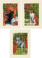 Les chats entre fleurs, lot de 3 cartes de voeux à broder Vervaco