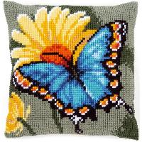 Papillon bleu, kit coussin canevas